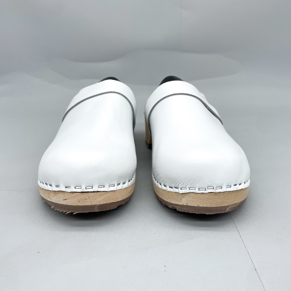 Lotta From Stockholm Womens 38 7.5 White Leather Classic Swedish Clogs Wood Heel - Picture 2 of 12